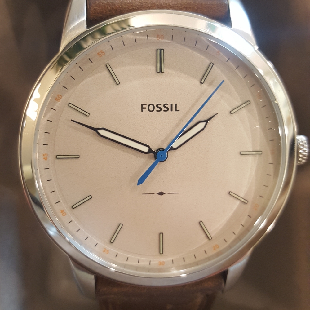 Fossil Silver Case Watch with Brown Strap and Blue Hands